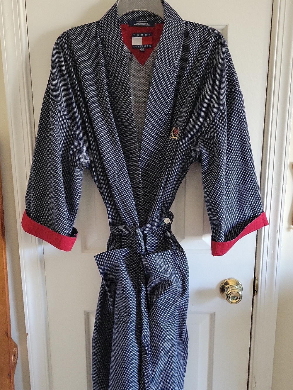 Tommy Hilfiger Navy Microdot Robe with Red Trim Accents